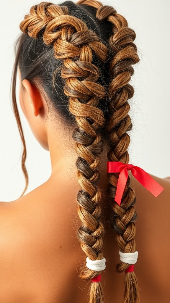 Two knotless twist braids with colorful ribbons