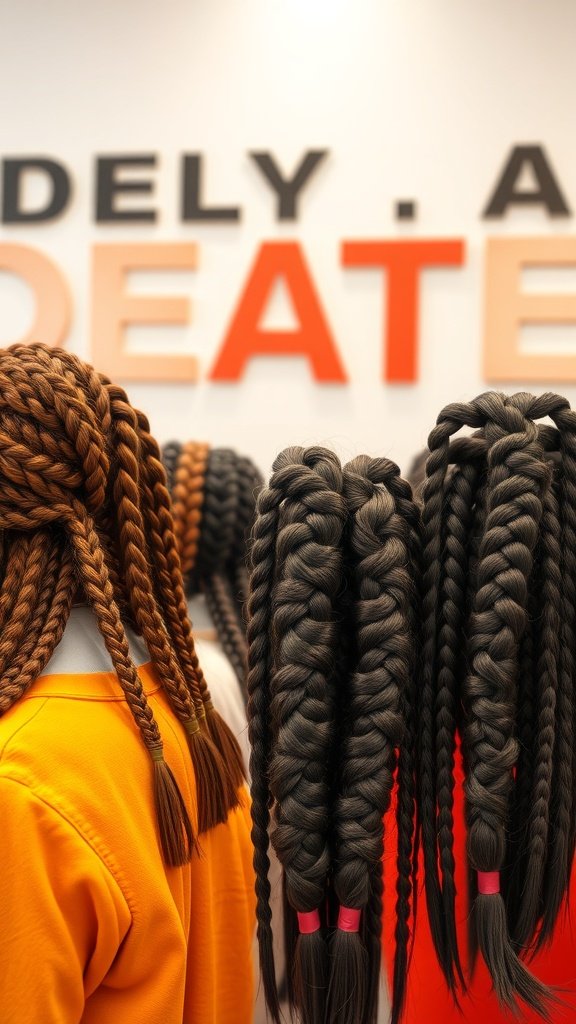 A display of various knotless braids showcasing different styles and colors.