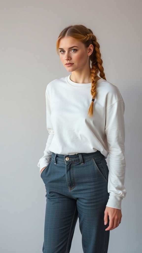 A woman with honey blonde knotless braids wearing a white sweatshirt and blue jeans.