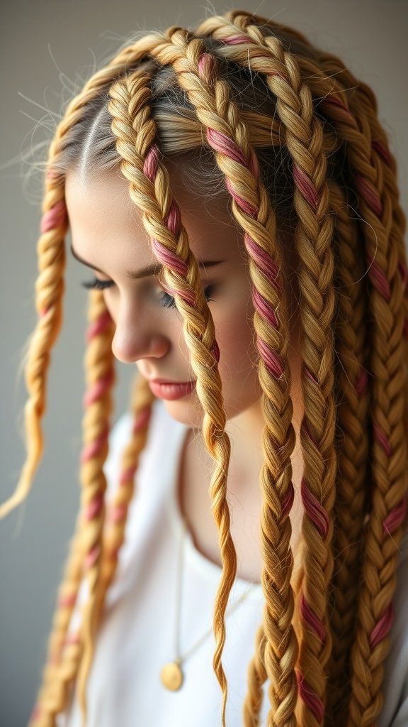 A close-up of a person with honey blonde knotless braids featuring pink highlights.