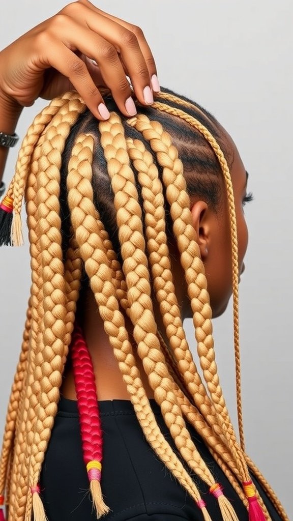 A close-up of blonde knotless box braids with colorful accents, showcasing a stylish hairstyle.