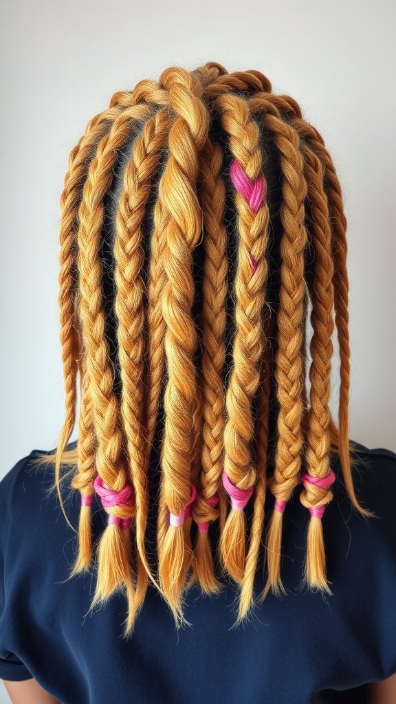 A person with honey blonde knotless braids styled with pink hair ties.