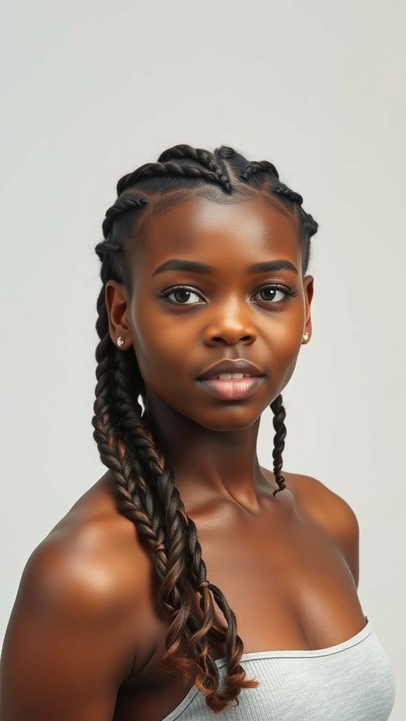 A young woman with small bohemian knotless braids and curly ends, showcasing a stylish hairstyle.