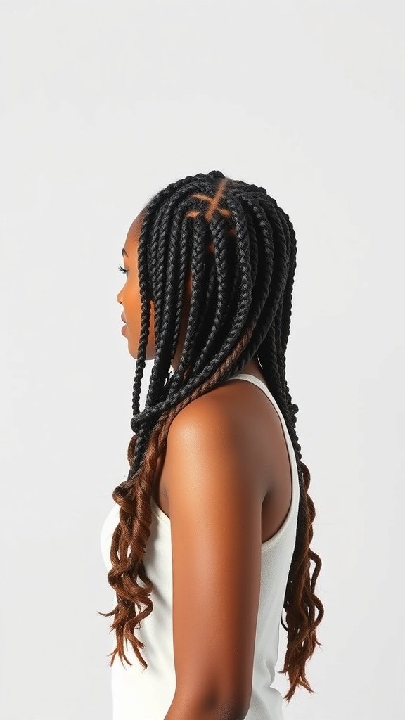 A woman with long black box braids featuring curly ends, showcasing a stylish look.