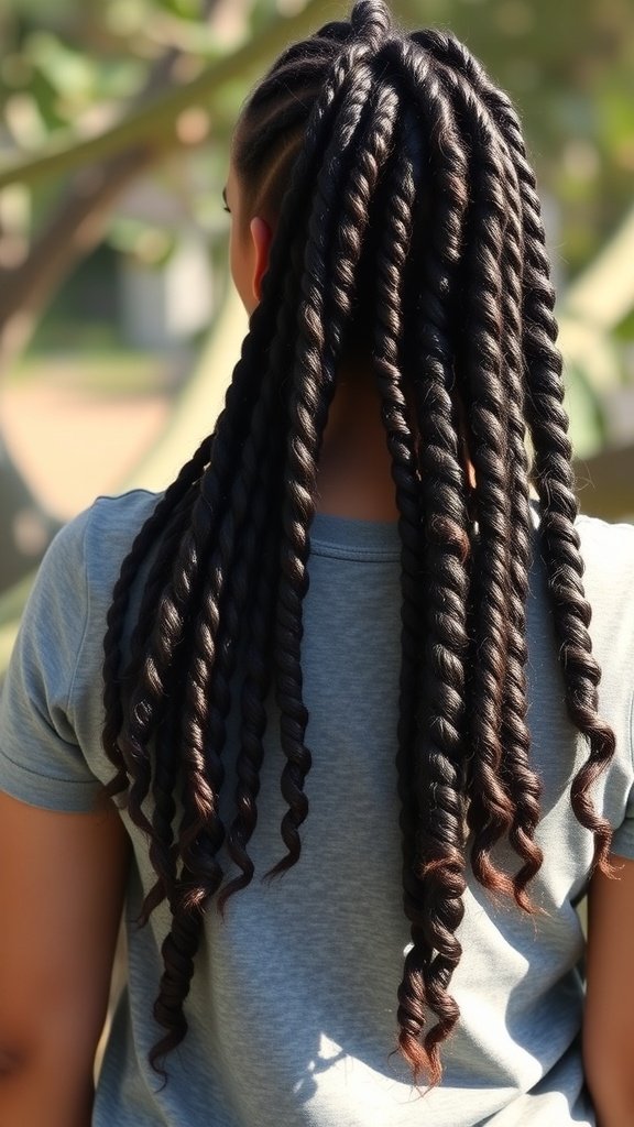 A person with knotless braids featuring defined curls at the ends, showcasing a stylish hairstyle.