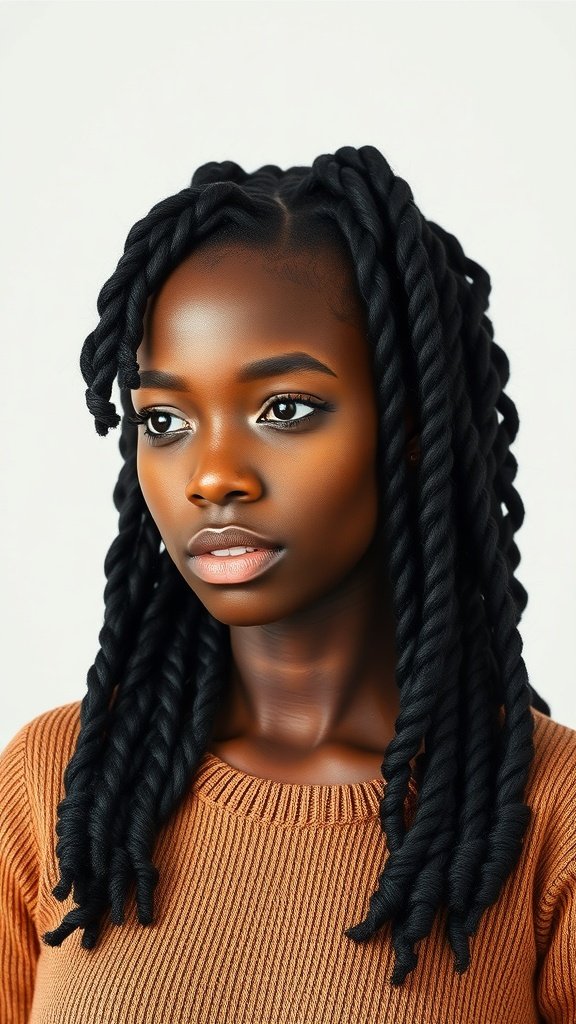 A woman with black twisted hair styled in jumbo boho knotless braids.