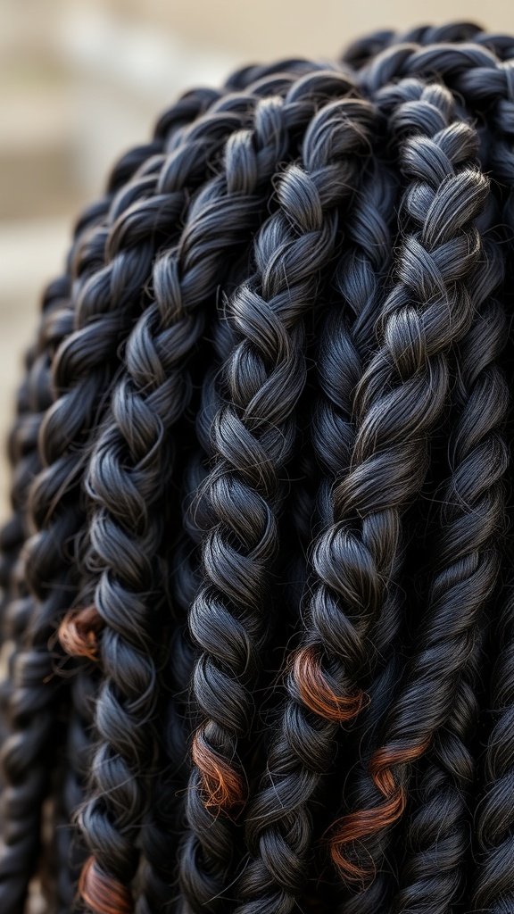 Close-up of small bohemian knotless braids with curly ends, showcasing a stylish and playful hairstyle.