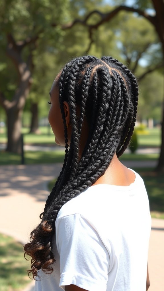 A woman showcasing large boho knotless braids with curls in a park setting.