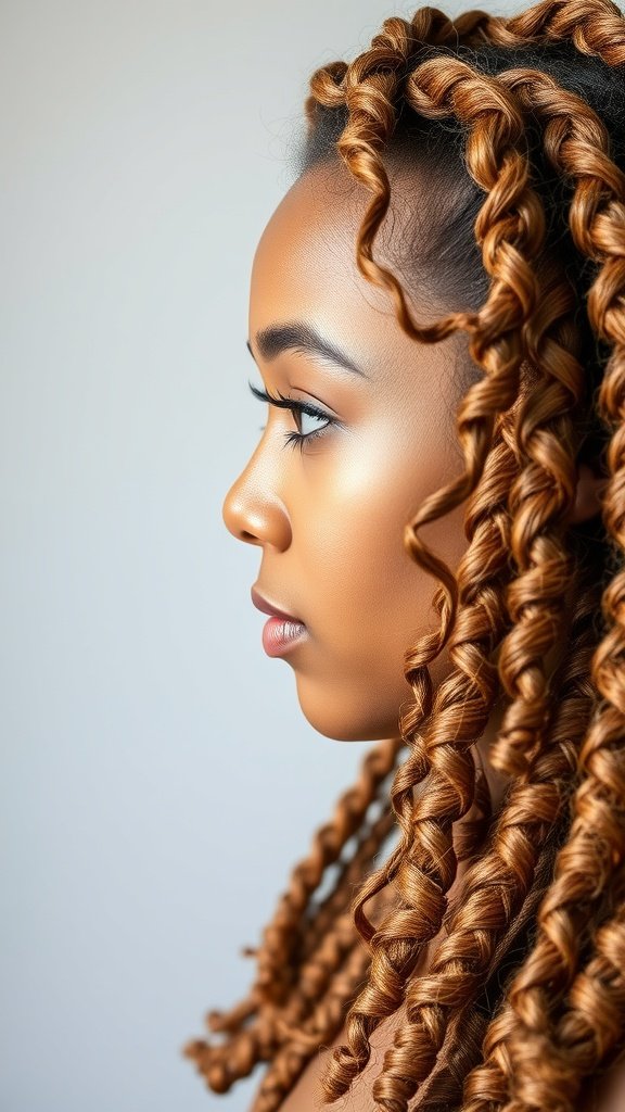 A profile view of a person with honey brown knotless braids styled with curls.