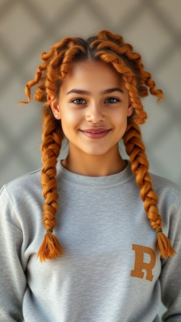 A young girl with ginger knotless braids styled with curls, wearing a gray sweatshirt.