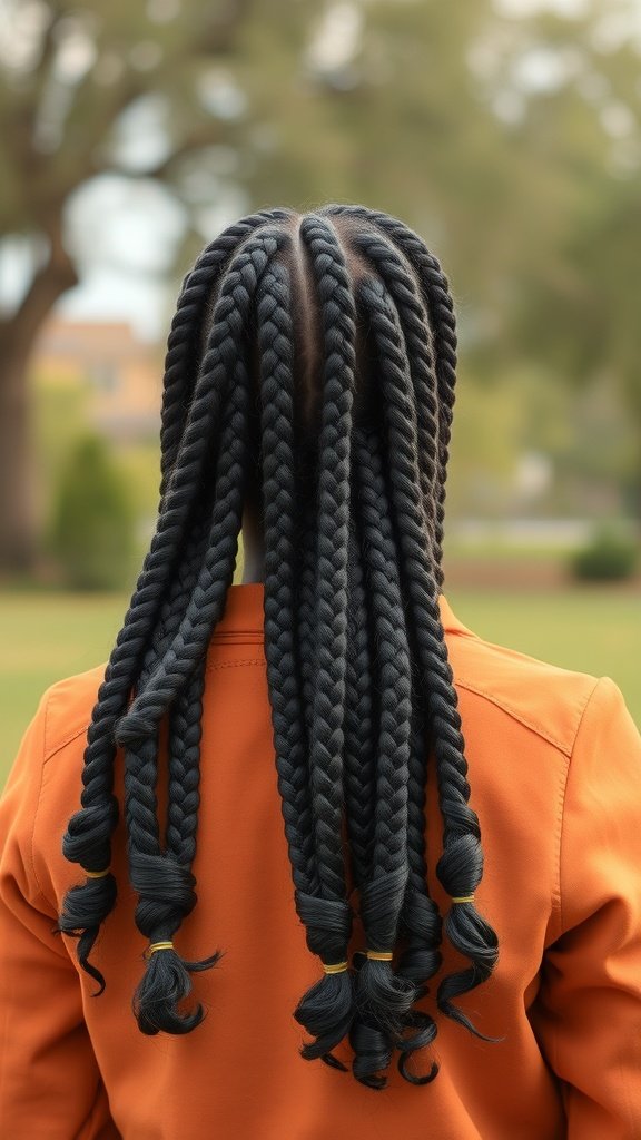 A person with long knotless braids featuring curly ends, standing outdoors.
