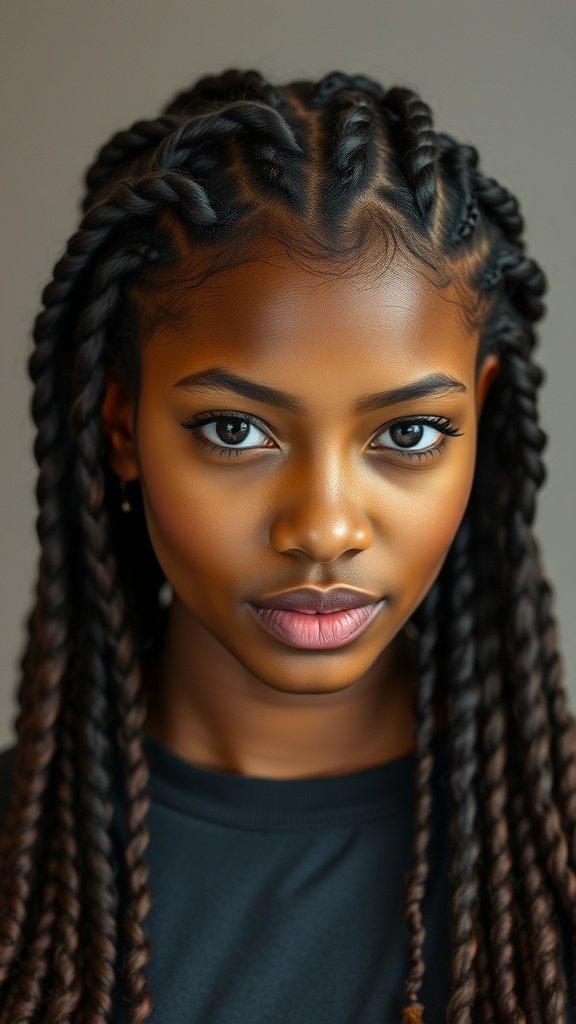 A close-up of a person with medium boho knotless braids, featuring curly ends.