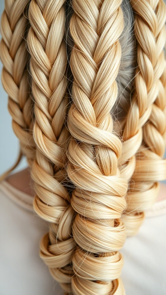 Close-up of blonde knotless braids styled in a neat and intricate pattern.