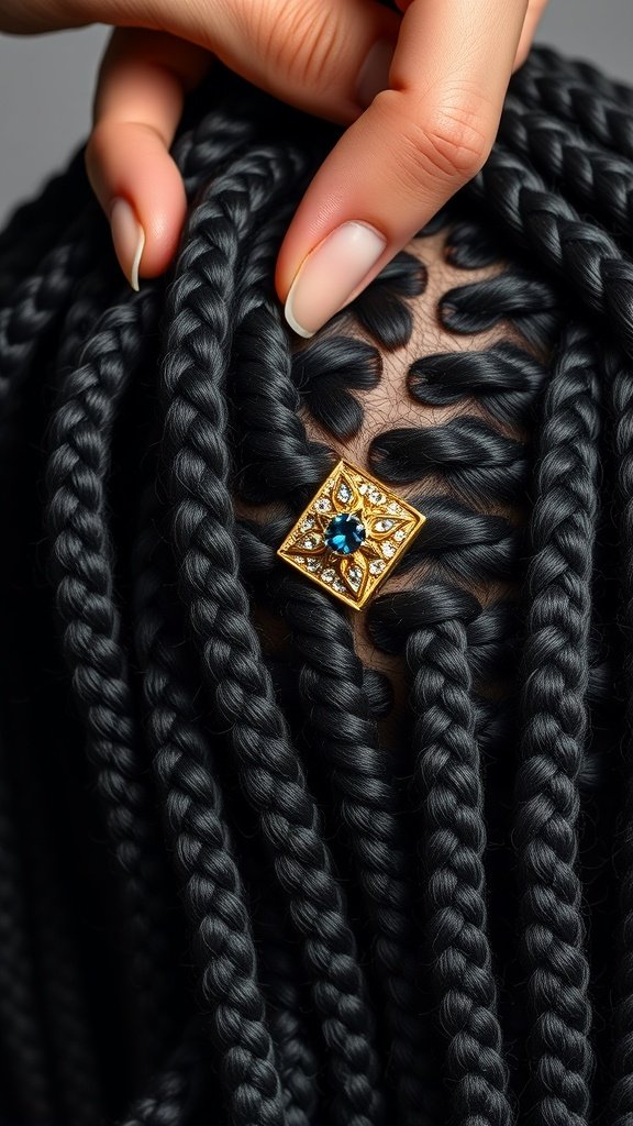 Close-up of jumbo knotless box braids with a golden hair jewelry piece.