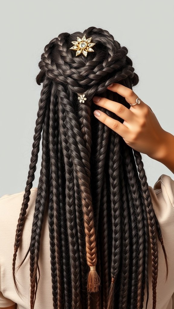 A woman showcasing large knotless braids adorned with decorative hair jewelry.