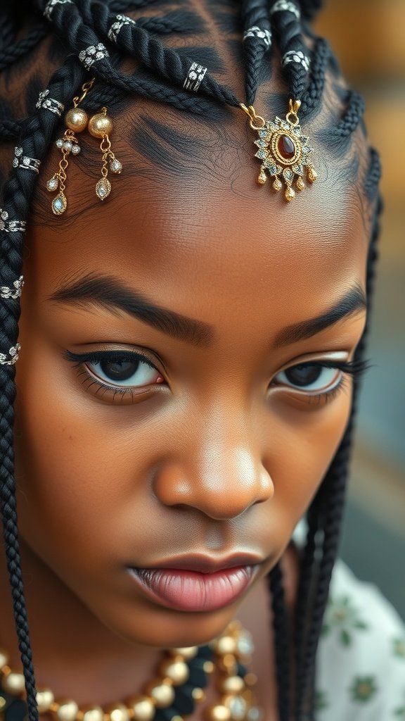 Close-up of a young girl with knotless braids adorned with hair jewelry.