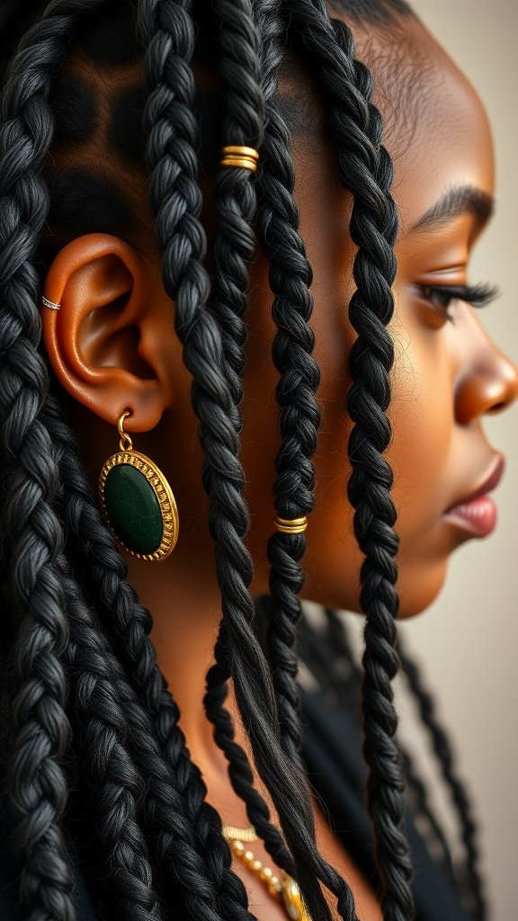A close-up of a woman's hair featuring small short knotless braids adorned with gold hair jewelry and curly ends.