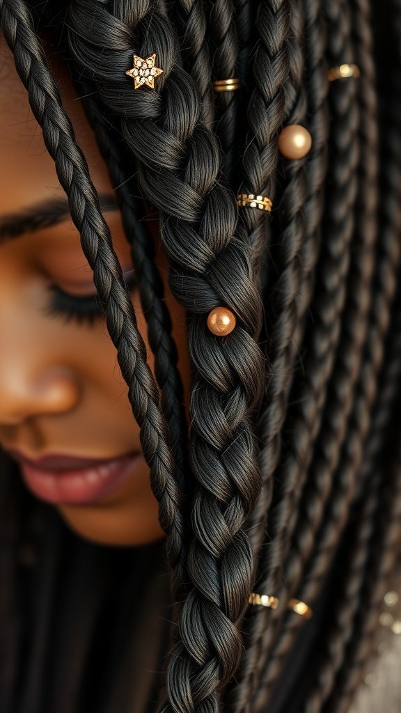 Close-up of jumbo boho knotless braids adorned with gold and pearl hair jewelry.