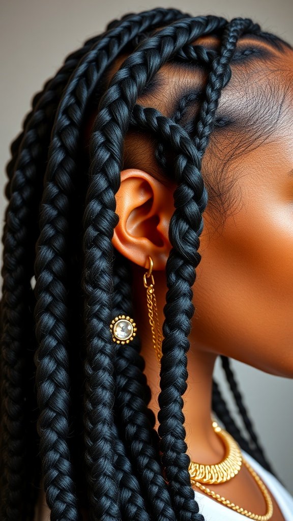 Close-up of a woman's medium knotless box braids adorned with gold jewelry.