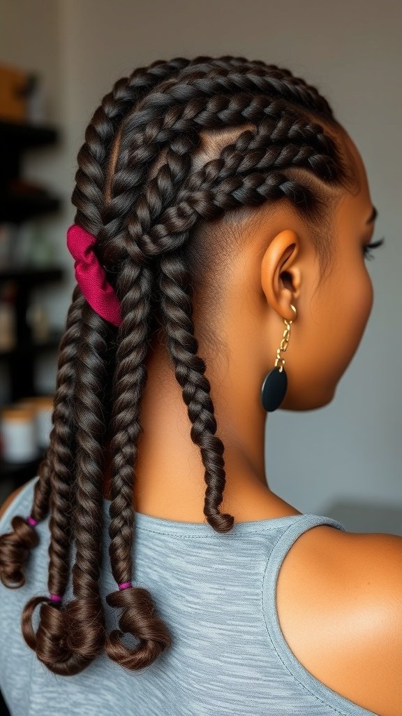 A close-up view of a woman with short knotless braids featuring curly ends, styled with a ribbon.