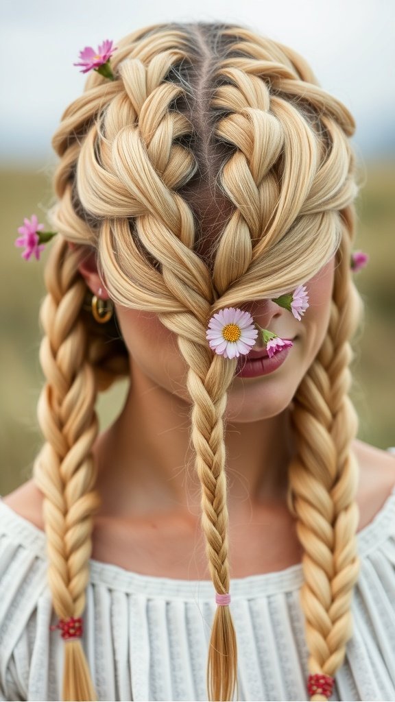 A woman with blonde boho knotless braids adorned with flowers, showcasing a natural and stylish hairstyle.