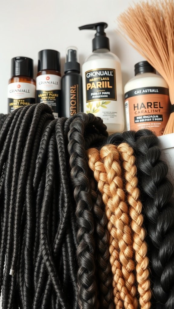 A collection of natural hair products displayed alongside braided hair, showcasing the importance of hair care for styles like Fulani knotless braids.