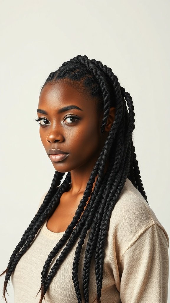 A woman with jumbo boho knotless braids and twists, showcasing a stylish hairstyle.