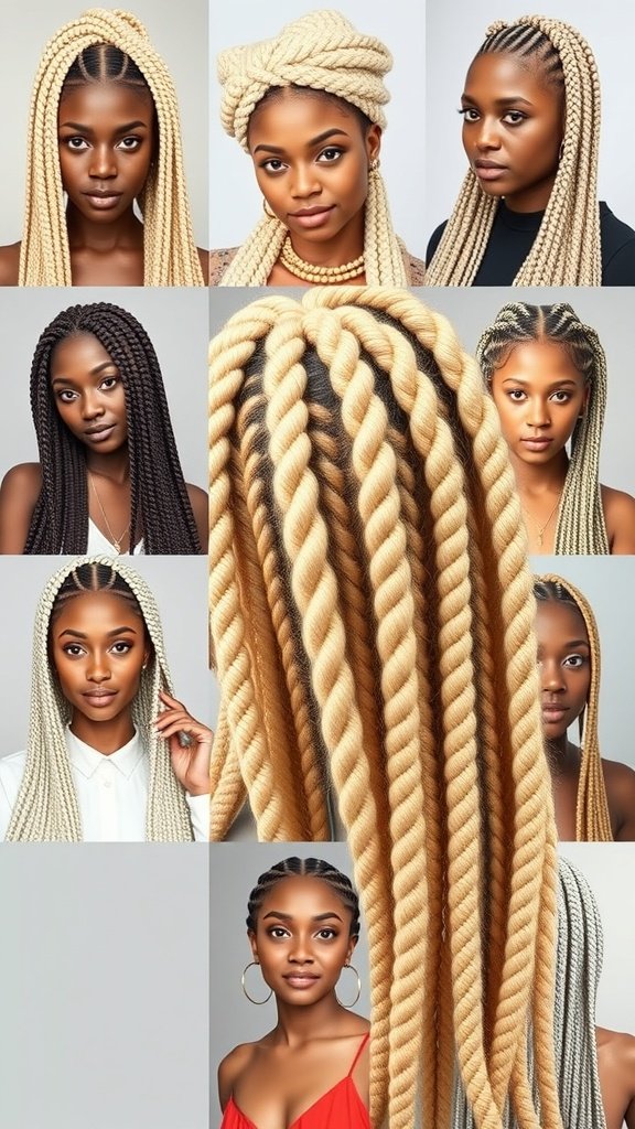 A collage of influencers showcasing various styles of blonde knotless box braids.