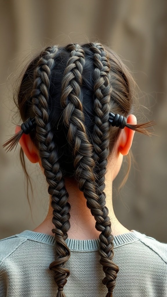 A close-up of three knotless braids styled neatly at the back of a person's head.