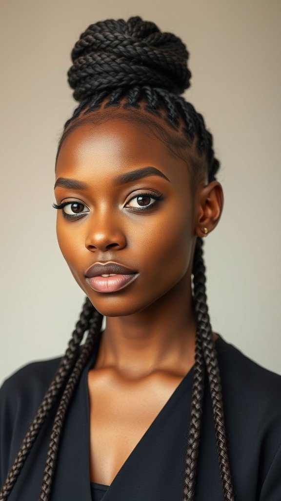 A model with medium knotless box braids styled in a top bun, showcasing a chic and elegant look.