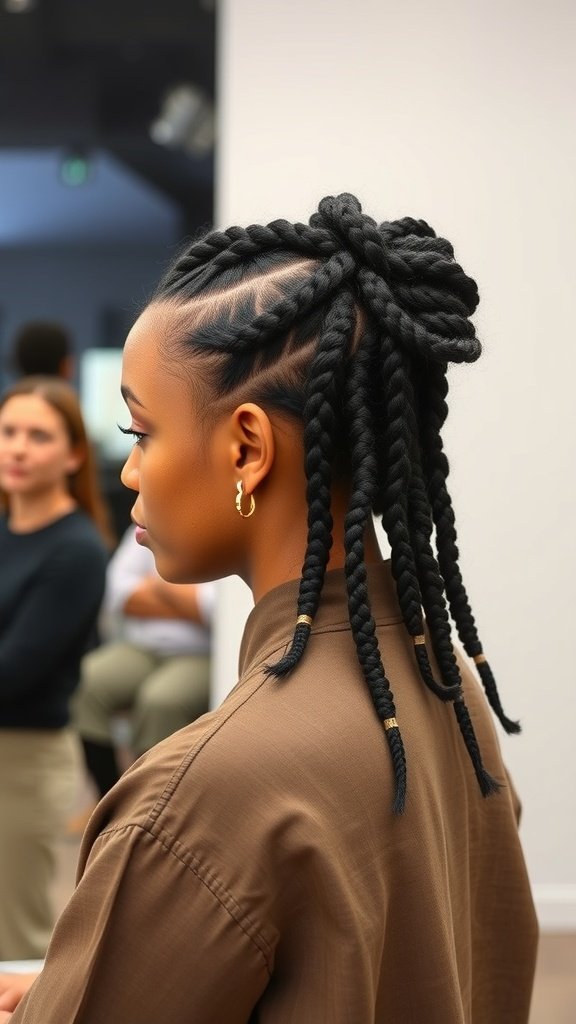 A woman showcasing a stylish knotless box braid hairstyle with blonde highlights.
