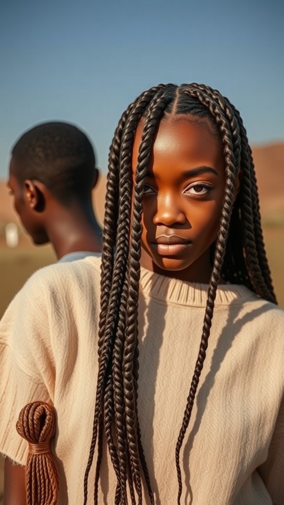 A person with brown knotless braids, showcasing a stylish and elegant hairstyle.