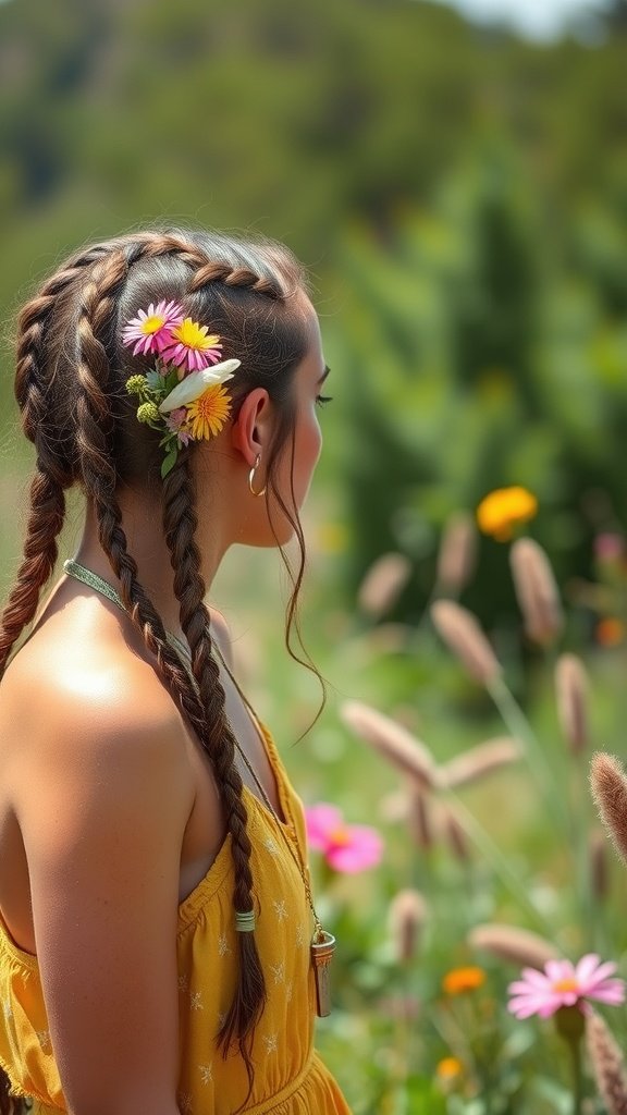 A woman with boho knotless braids adorned with flowers, standing in a field of colorful flowers.