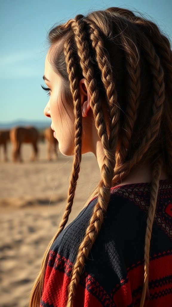A woman with stylish knotless braids, showcasing a bohemian fashion vibe.