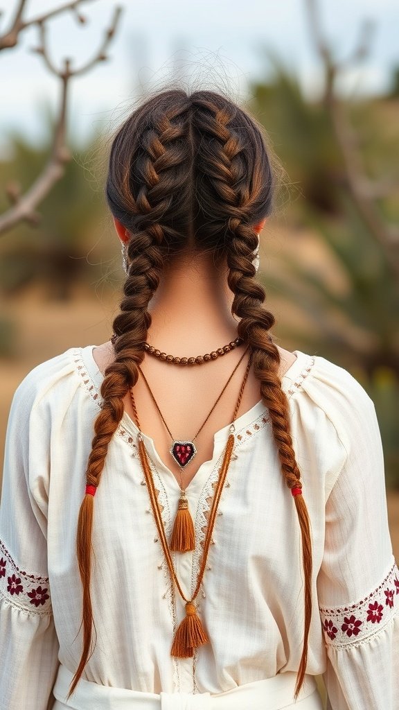 A woman with two short bohemian knotless braids, wearing a white blouse and adorned with Indian braid jewelry.