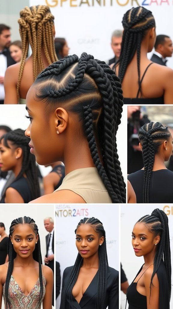 A collage of celebrity-inspired medium knotless braids showcasing various styles and parting patterns.