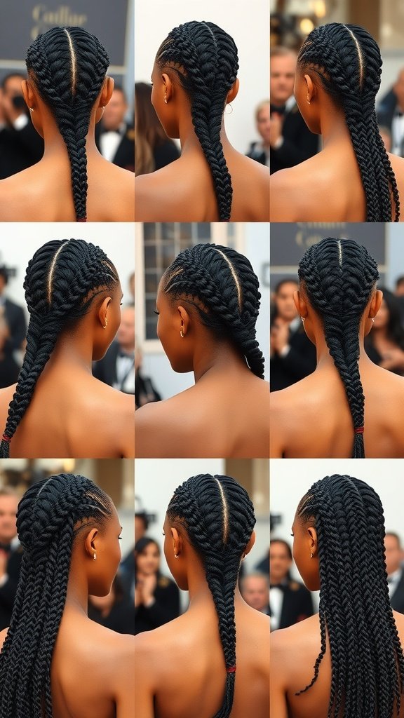 Collage of medium knotless braids showcasing different styles and parting patterns.