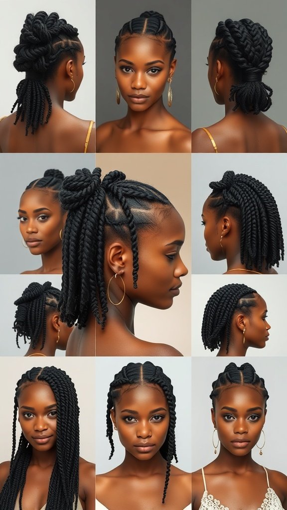 A collage of various short knotless braid hairstyles with curly ends, showcasing different styles and angles.