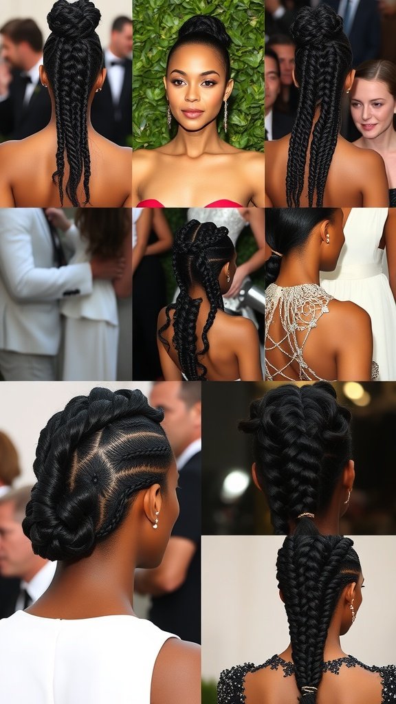 A collage of various celebrity hairstyles featuring short knotless braids with curly ends.