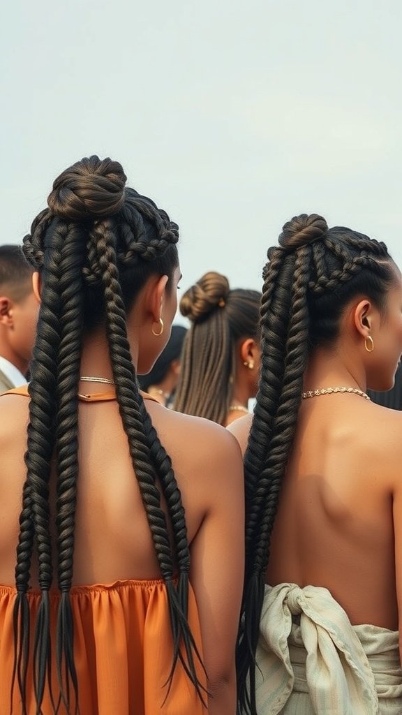 Two women with large boho knotless braids styled elegantly, showcasing intricate hair designs.