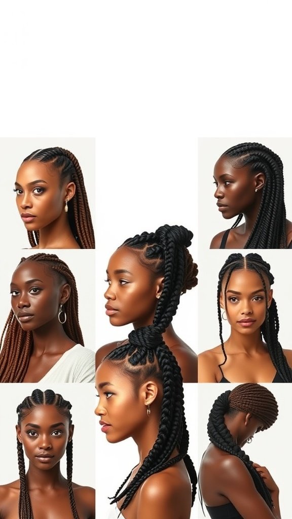 A collage of women showcasing different styles of Fulani knotless braids.