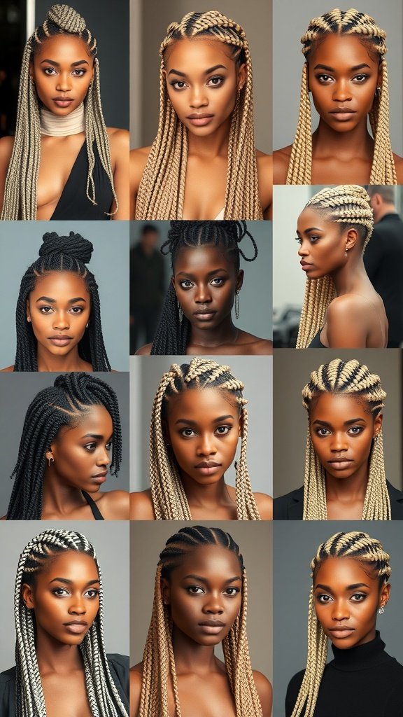 A collage of different styles of blonde knotless box braids, showcasing various lengths and textures.