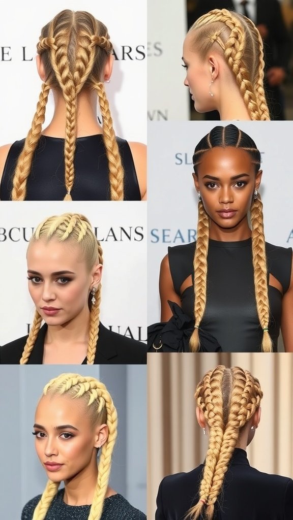 Collage of celebrities showcasing honey blonde knotless braids in various styles.