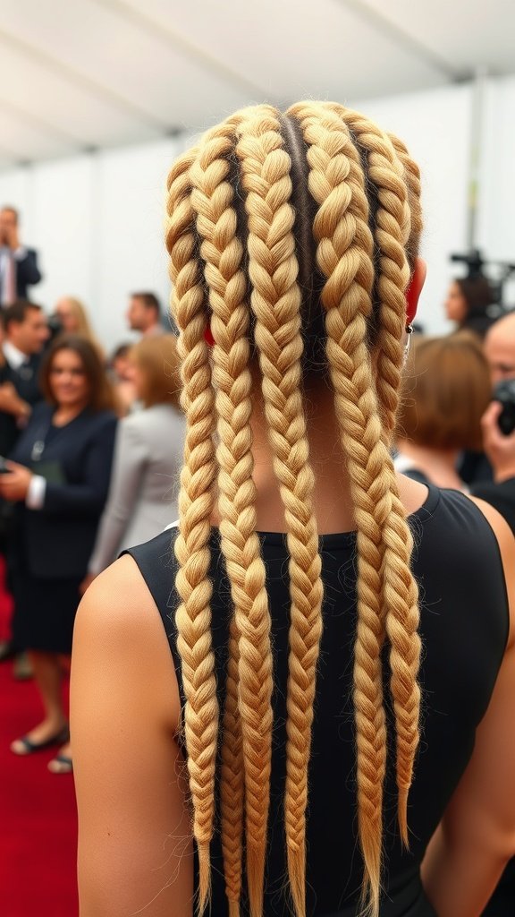 A close-up view of honey blonde knotless braids styled elegantly.