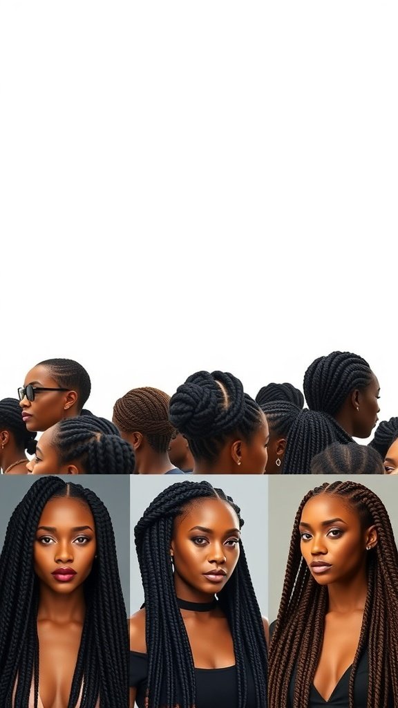 A collage of women showcasing different styles of jumbo knotless box braids.