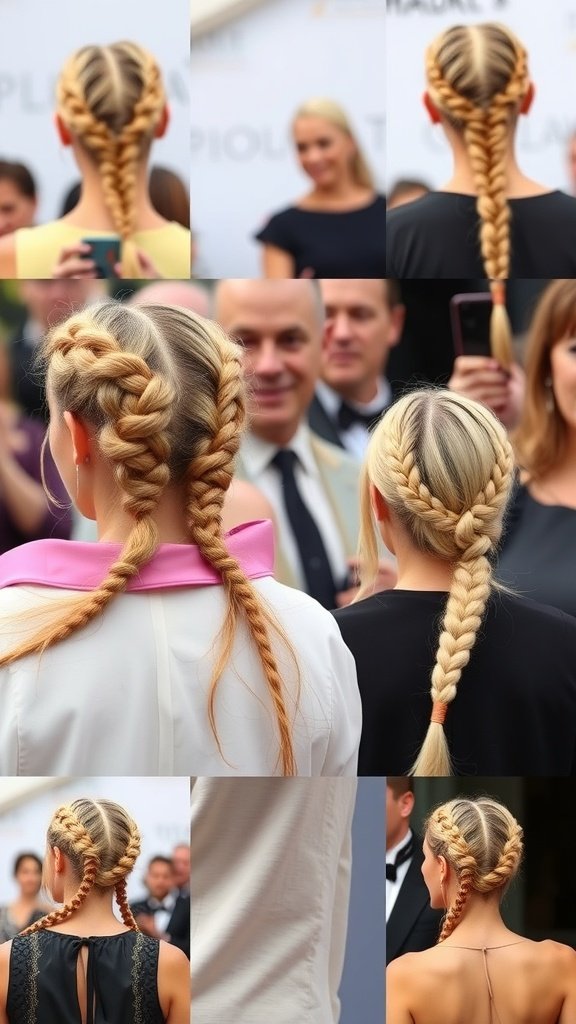 Various styles of honey blonde knotless braids showcased from different angles.