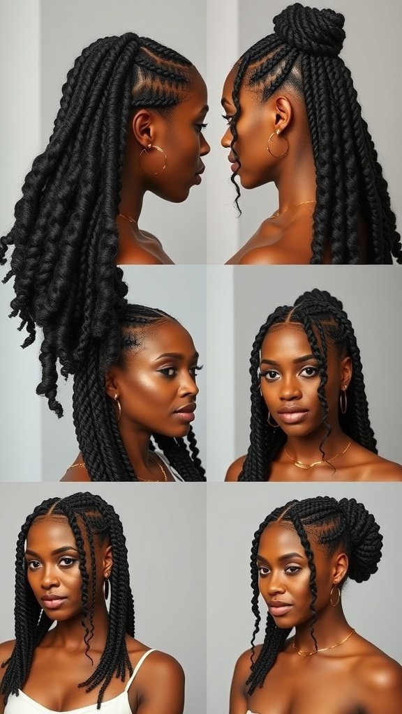 A collage of different styles of knotless braids with curly ends, showcasing various looks and inspirations.