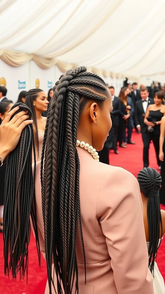 A woman with short boho knotless braids at a red carpet event, showcasing a stylish and elegant hairstyle.