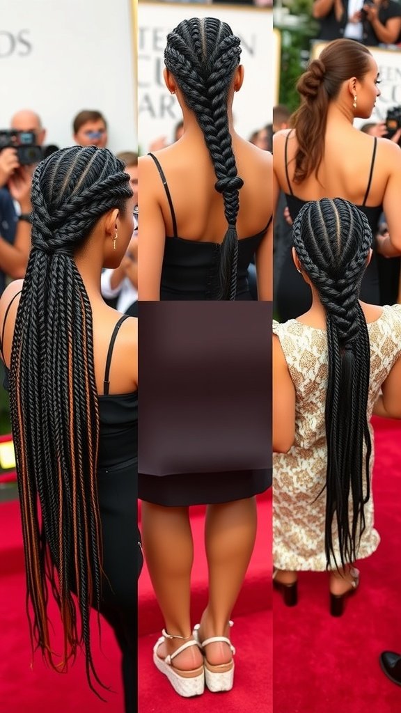Celebrity-inspired large knotless braids showcasing different styles and lengths.