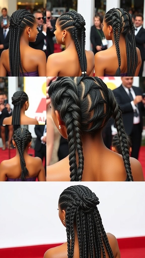 A collage of knotless twist braids styled in various ways, showcasing intricate patterns and smooth finishes.